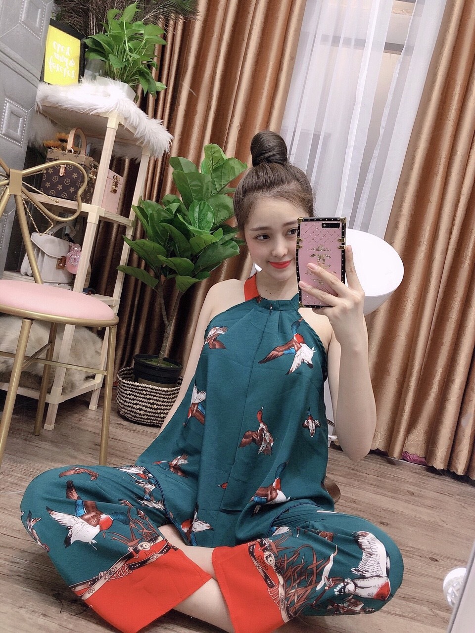 Sét bộ nữ áo cổ lọ in hình hạc kèm quần dài siêu hot