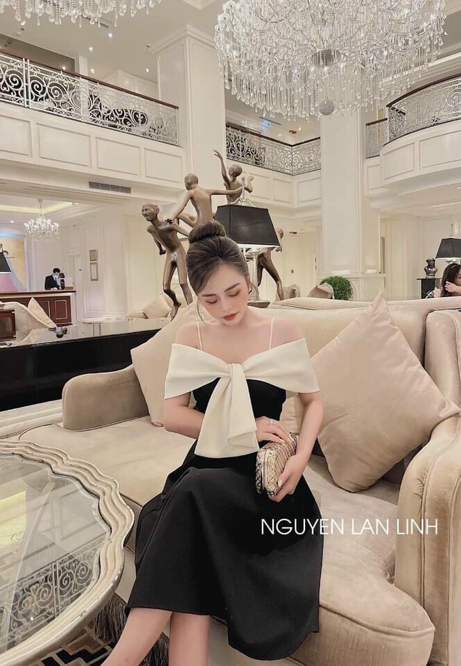 Đầm thiết kế nữ trễ vai chất vải tapta sang chảnh, đầm nữ chữ A mặc đi tiệc, váy xòe nữ đính nơ, đầm đen đi tiệc ôm eo tôn dáng