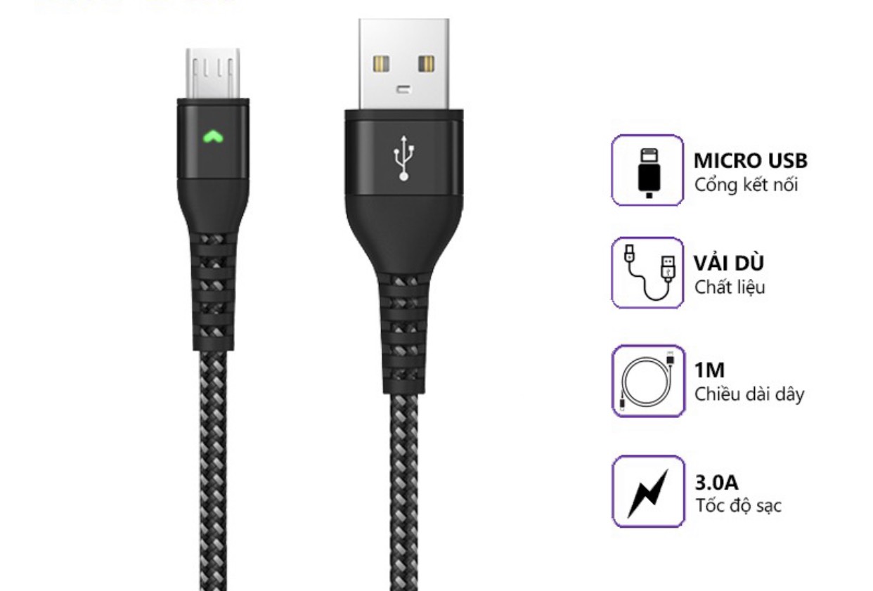 Cáp sạc nhanh lanex ltc - n13m dây dù 3.0a, cổng kết nối micro usb, dài 1m, có đèn led
