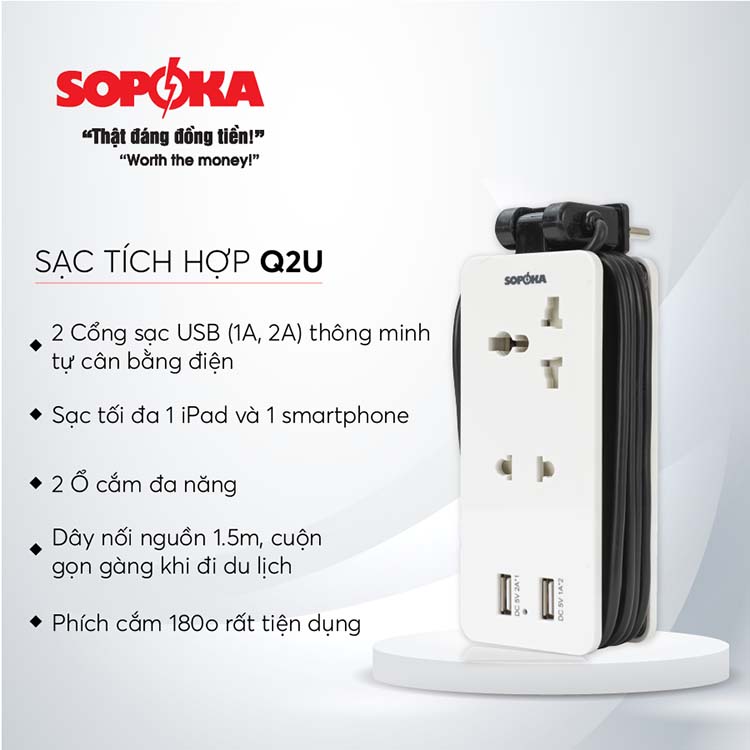 Ổ cắm điện ổ điện thông minh SOPOKA Q2U Q4U tích hợp cổng USB tiện lợi