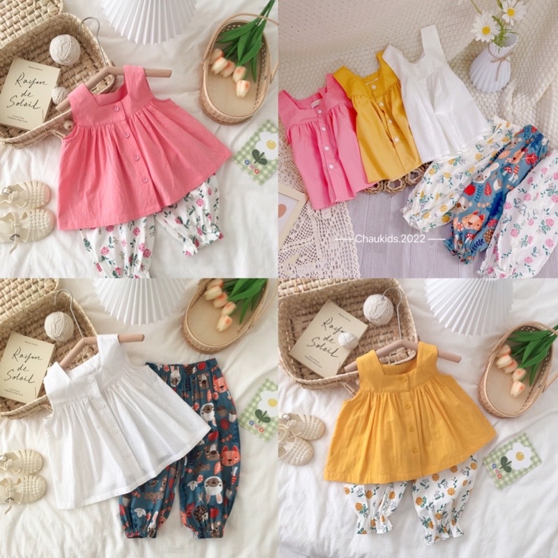 Bộ baby doll cổ vuông + quần thô bo lửng siêu xinhh cho bé