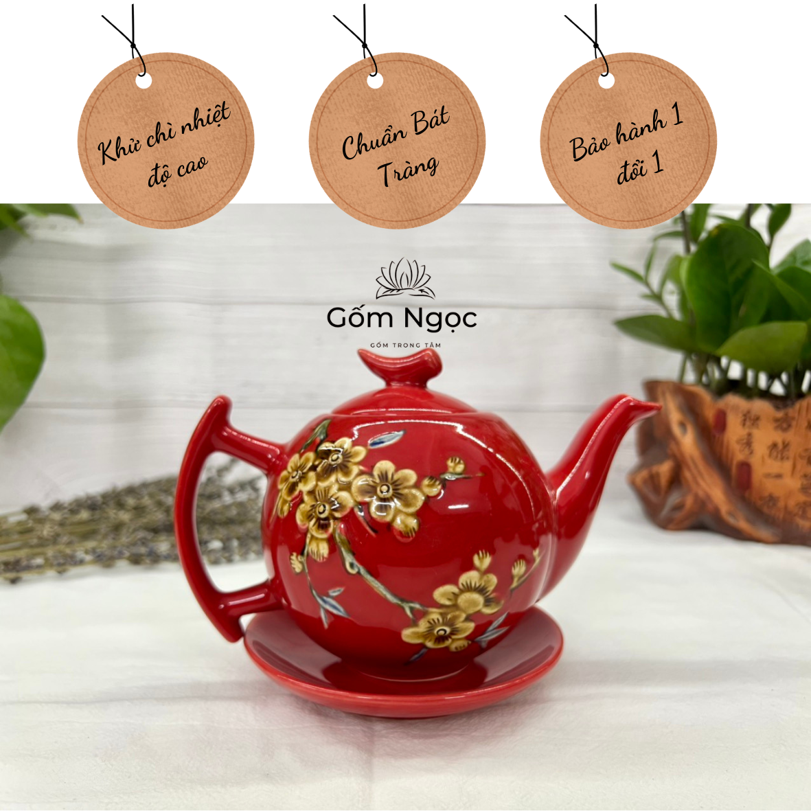 Ấm chén ấm tách  pha trà hoa đào Bát Tràng gốm cao cấp.