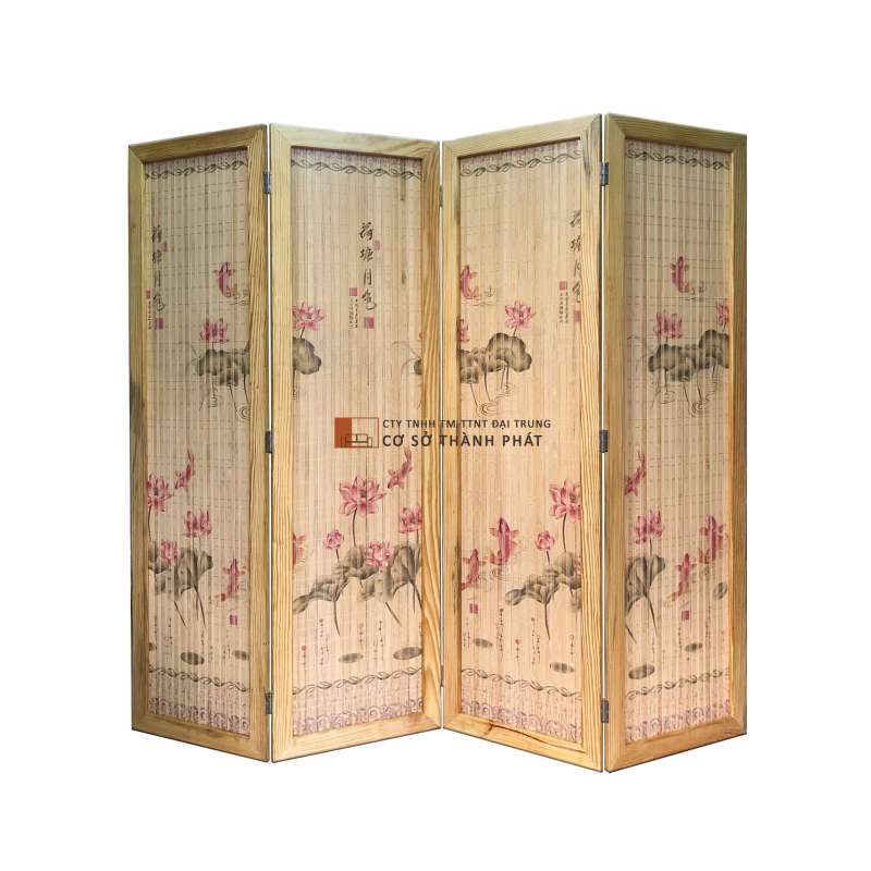 Bình phong tre khung gỗ thông, sơn bóng 4 cánh Đại Trung mẫu cá chép hoa sen 1m75 x 0.5m