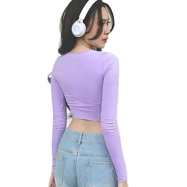 Áo croptop cổ cao tay dài A27 Chất lụa co giãn dưới 55kg