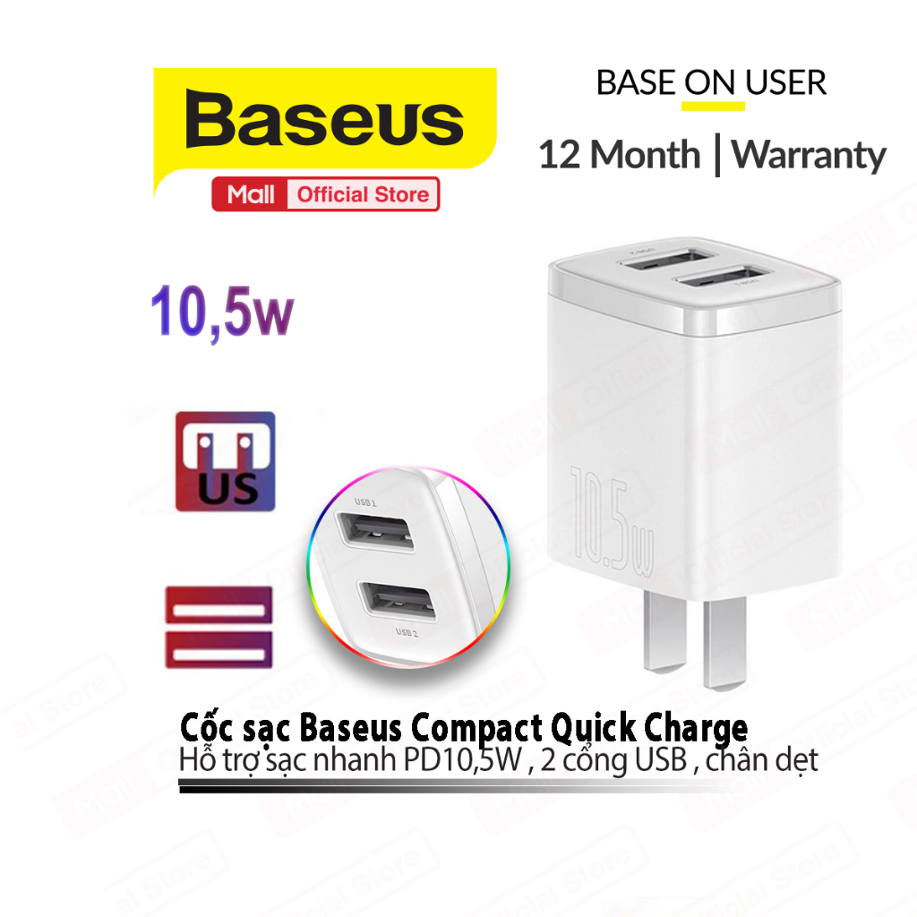 Củ sạc Baseus Compact sạc nhanh 2.1A/10.5W chân tròn trang bị 2 cổng USB ( Trắng )