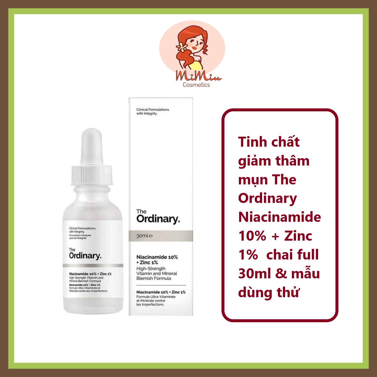 (chai full & mẫu dùng thử) Tinh chất giảm thâm mụn The Ordinary Niacinamide 10% + Zinc 1%