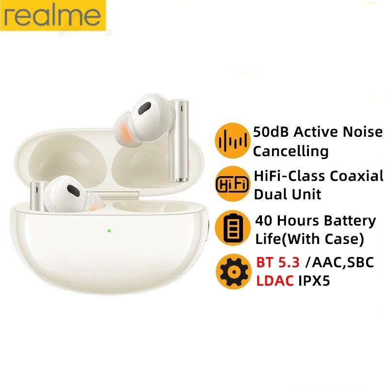 Realme Buds Air 5 Pro True Wireless Earphone 50dB Active Noise Cancelling LDAC Bluetooth 5.3 Wireless Headphone HiFi Quality