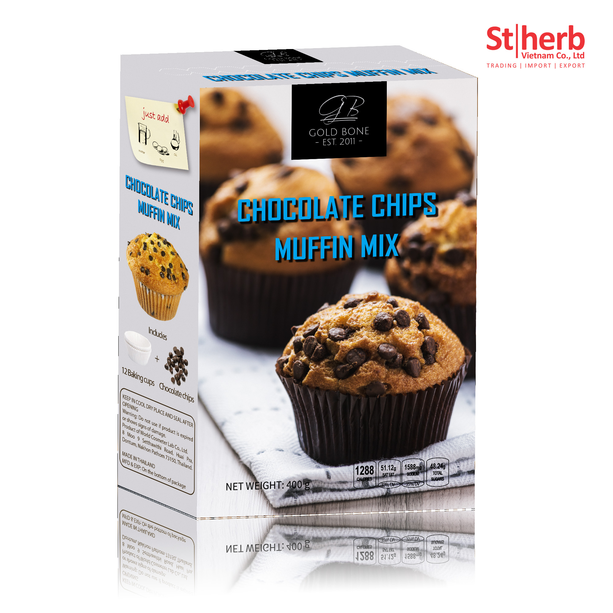 Bột làm bánh Muffin Socola Chips Gold Bone 400g (Có kèm cốc giấy cupcake)