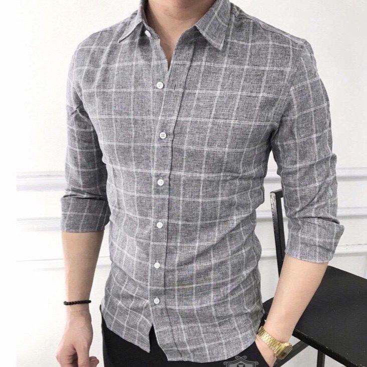 Áo Sơ Mi Xám Kẻ Ca Rô Cao Cấp Phom Chuẩn Vải Mềm