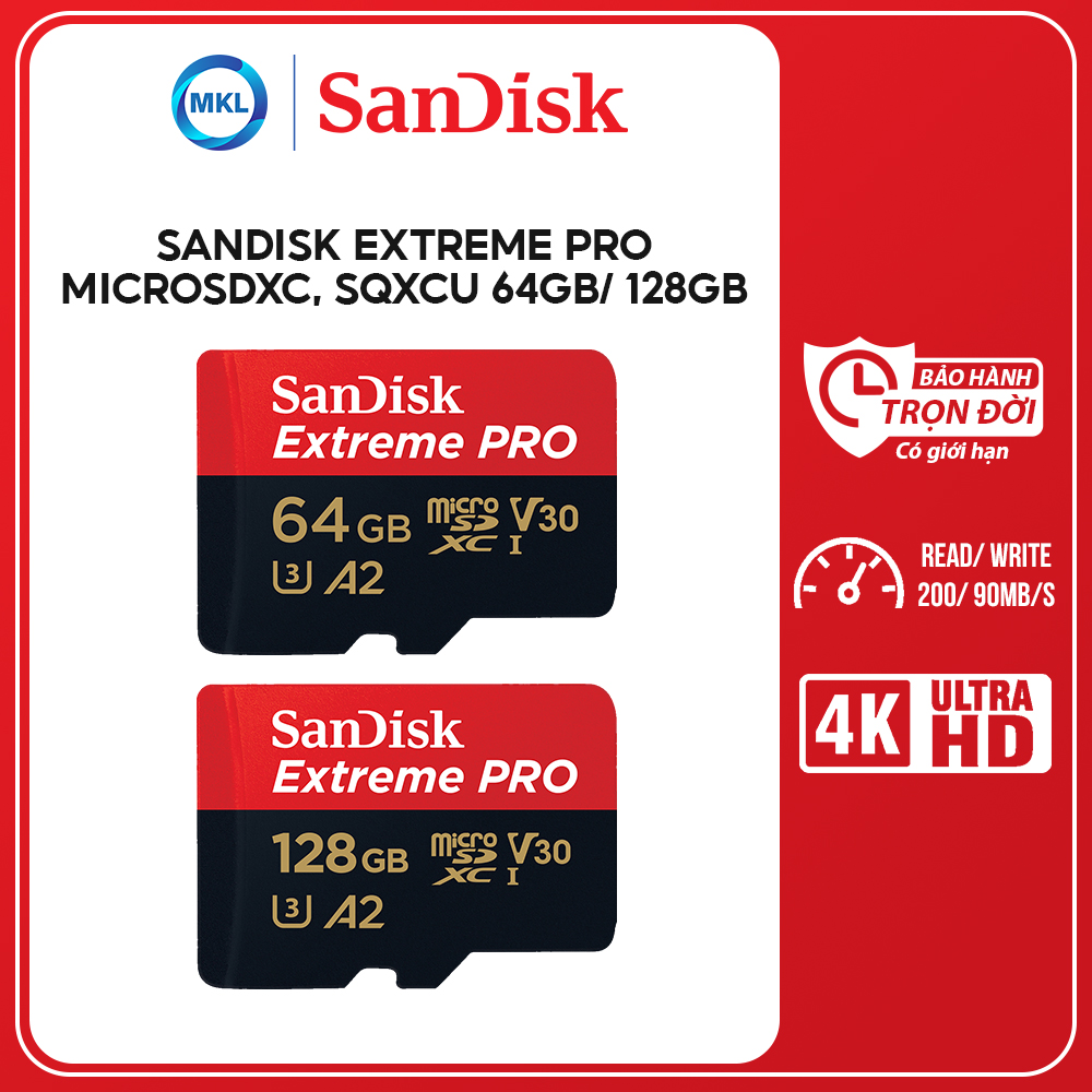 [Hàng mới về] Thẻ nhớ SanDisk Extreme Pro microSDXC,  SQXCU 64GB | SQXCD 128GB, V30, U3, C10, A2, UHS-I, 200MB/s R, 90MB/s W, 4x6, SD adaptor, Lifetime Limited