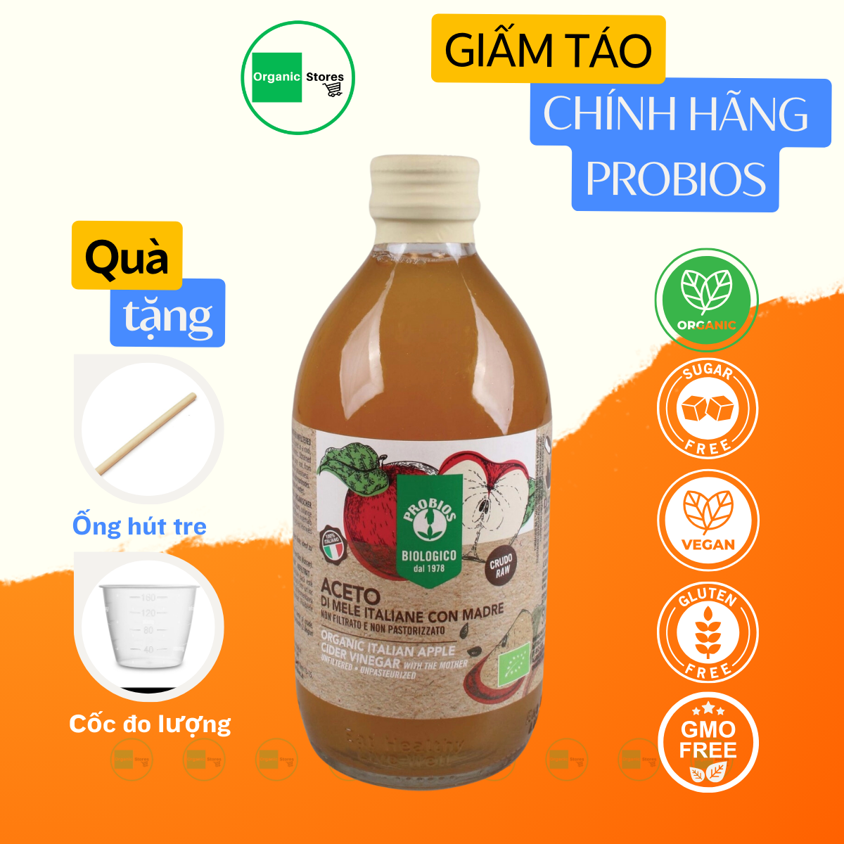 Giấm táo hữu cơ Apple Cider Vinegar (Có giấm cái) 500ml - ProBios