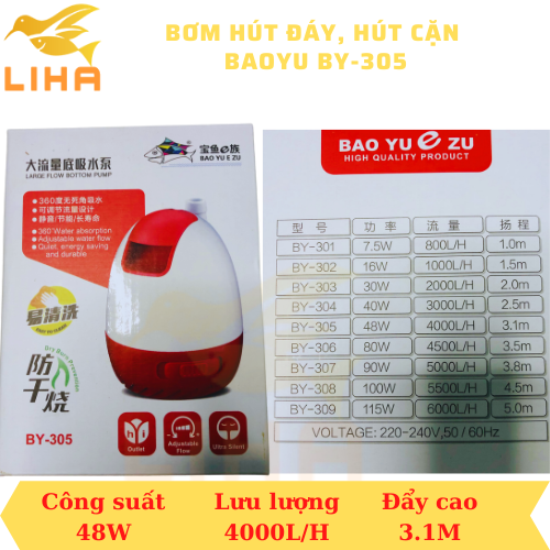 Máy Bơm Hút Cặn Baoyu BY-305 (48W-4000L/H-3.1M) - Bơm Hút Đáy Hồ Cá