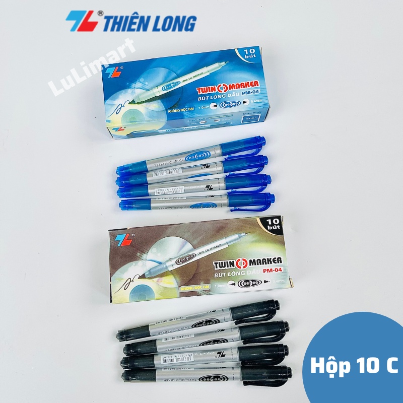 Hộp 10 chiếc bút dạ lông dầu thiên long pm-04 2 đầu nét nhỏ 1.0 và 0.4mm