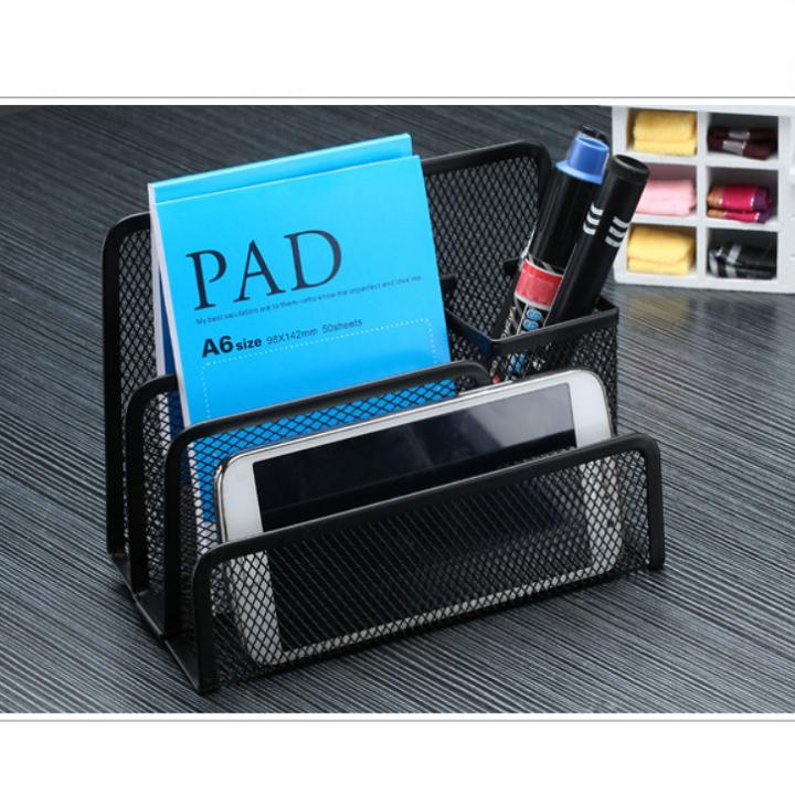 Khay lưới 3 ngăn để thư tài liệuCÓ ỐNG CẮM BÚT đa năng cho bàn làm việc gọn gàng - DMA store