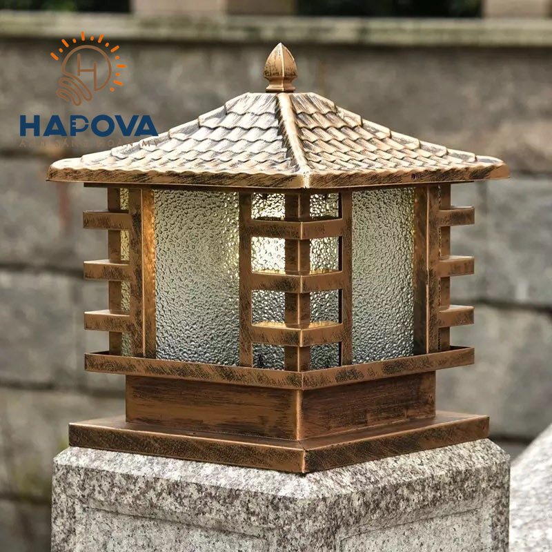 Đèn trụ cổng trang trí mái chùa cỡ 400mm HAPOVA RISIA 802 + Tặng kèm bóng led AS Vàng
