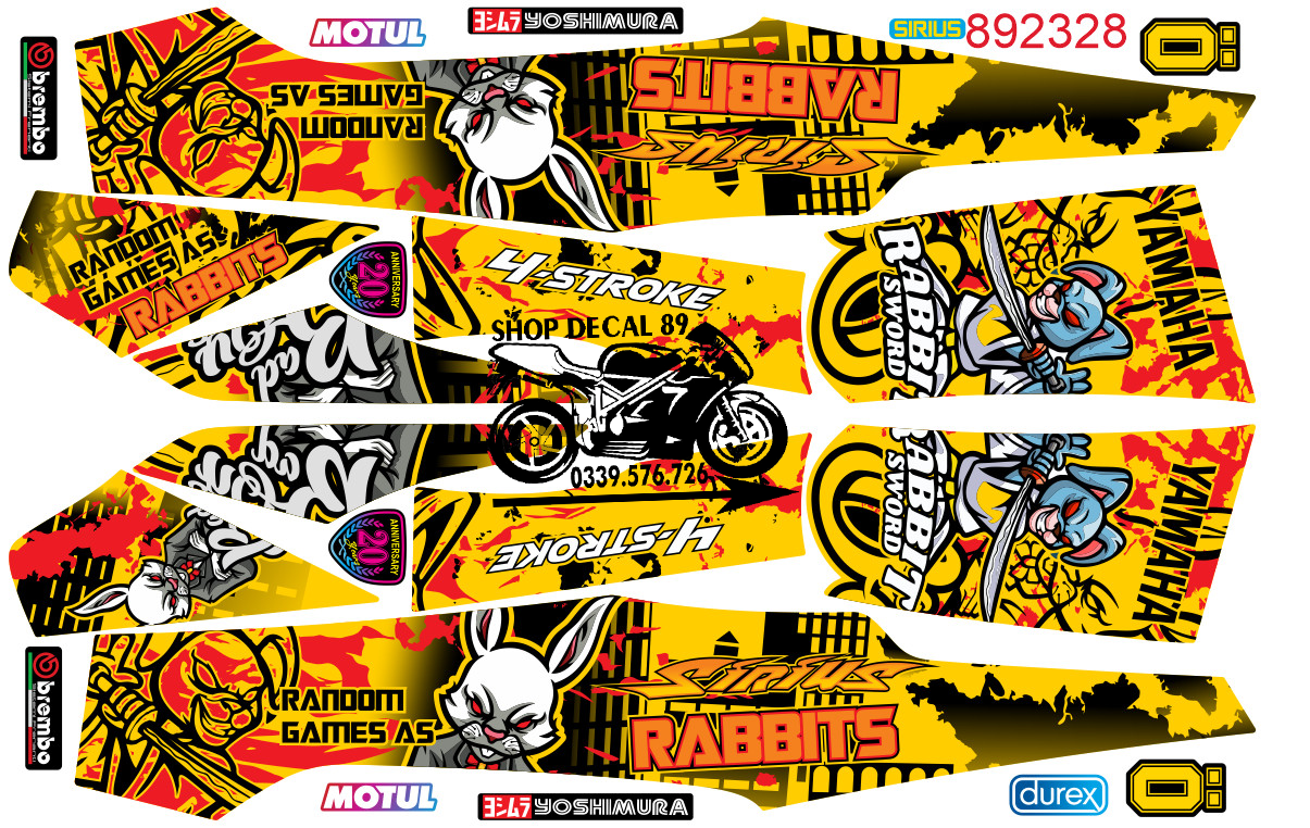 Tem chế Sirius Thỏ Rabbit VÀNG ĐỎ MS 892328 - Tem rời 3 lớp cao cấp - Dán xe sirius xăng cơ
