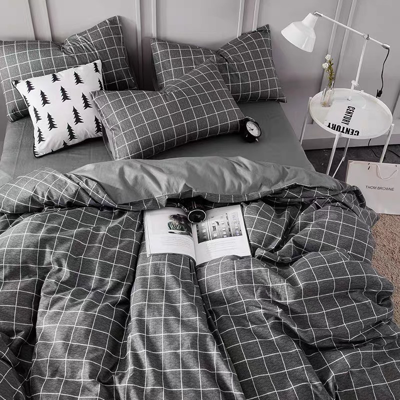 Bộ Chăn Ga Gối COTTON POLY - Kẻ Dạ Xám ( 1 Drap + 2 Vỏ Gối Nằm + 1 Vỏ Chăn ) Không Phai , Không Xù , Kích Thước Đa Dạng