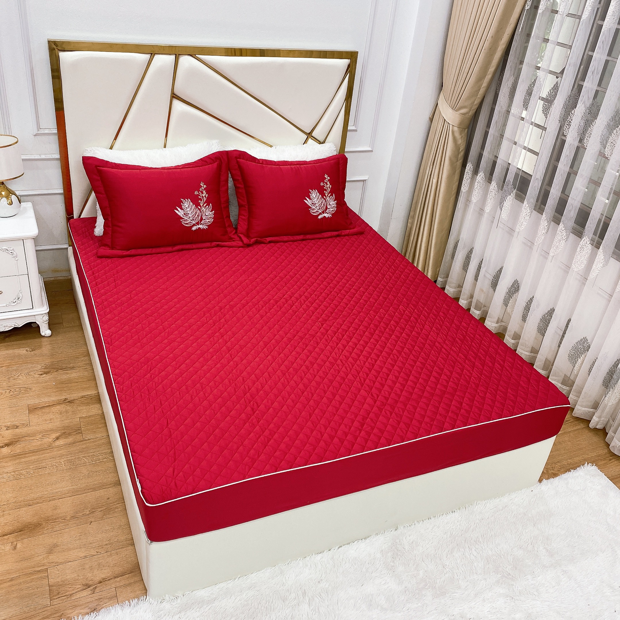 Bộ ga gối, drap chun trần bông 3 món phi lụa cao cấp ( dùng cho đệm 10cm )