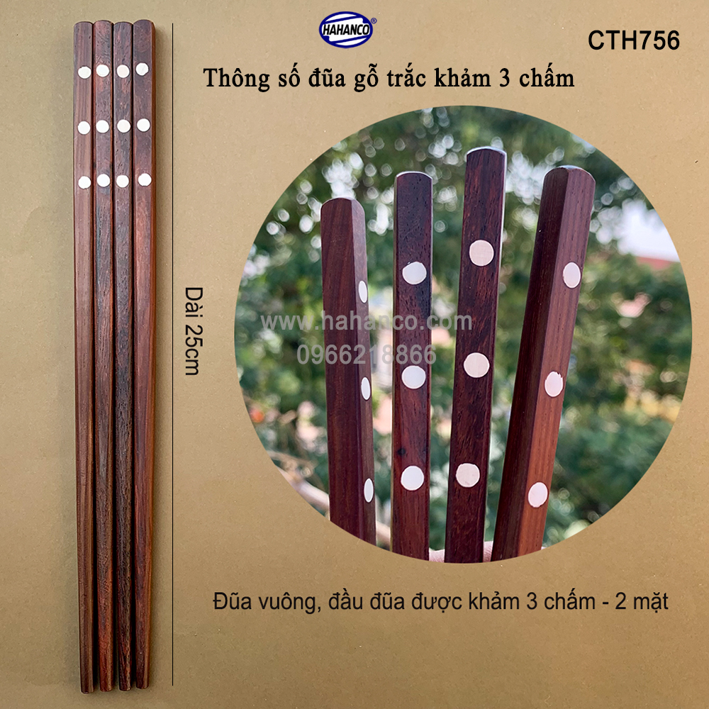 Đũa gỗ Trắc siêu sạch - CTH756 - Gỗ trắc khảm 3 chấm (10 Đôi/hộp) - HAHANCO