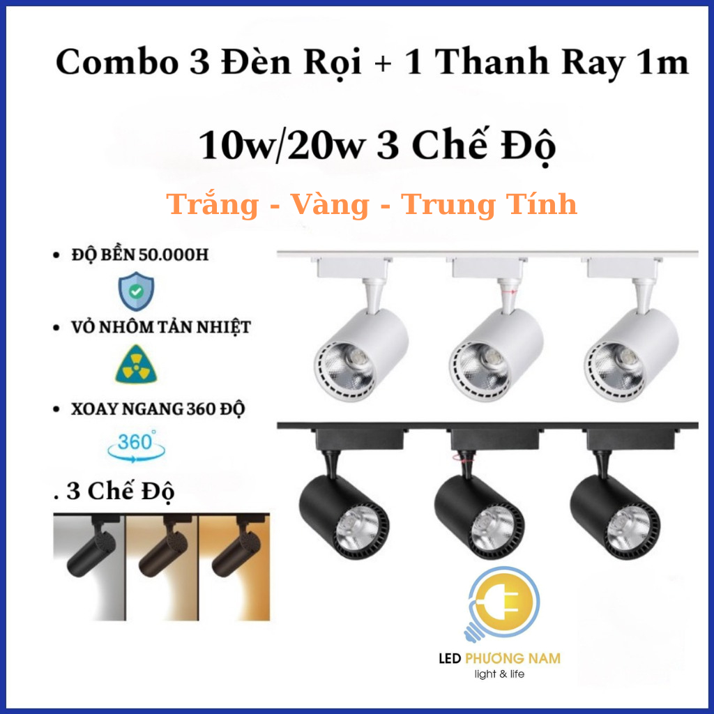 Đèn Rọi Ray COB MINI, COMBO 3 Đèn + 1 Thanh Ray 1m 10w/20w