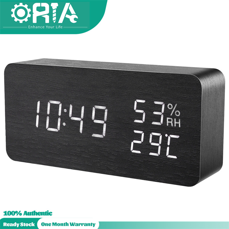 ORIA Digital Alarm Clock LED Wooden Clock Wooden Alarm Clock 12/24H Format 3 Brightness Adjustable 3 Alarm Settings Voice Control Dual Power Date Temperature Humidity for Home Bedroom Office