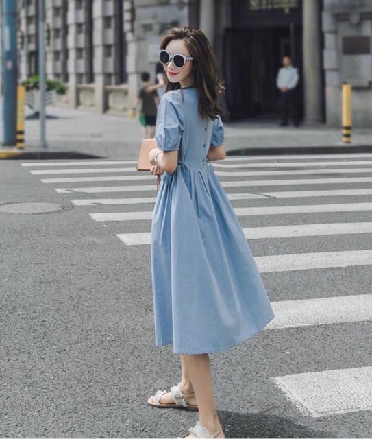 Đầm tùng xếp li nút sau 2 màu
