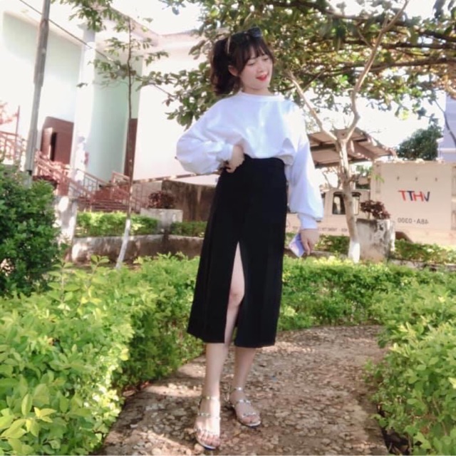 🔥SET VÁY XẺ TÀ + CROPTOP TAY DÀI TRƠN