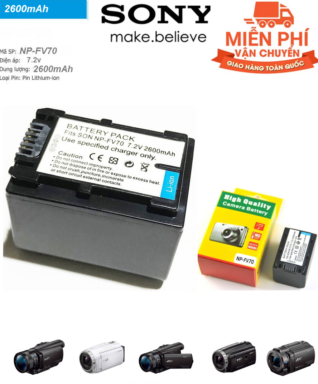 Pin Lithium ion cho máy quay phim Sony NP-FV70 dung lượng cao 2600mAh - bateria 2600mAh NP-FV70 NP FV70 NPFV70 batteries -  NP-FV70 NP FV70 NPFV70 Replacement battery 2500mAh For SONY HDR-XR CX SR UX DCR-SR DVD HC