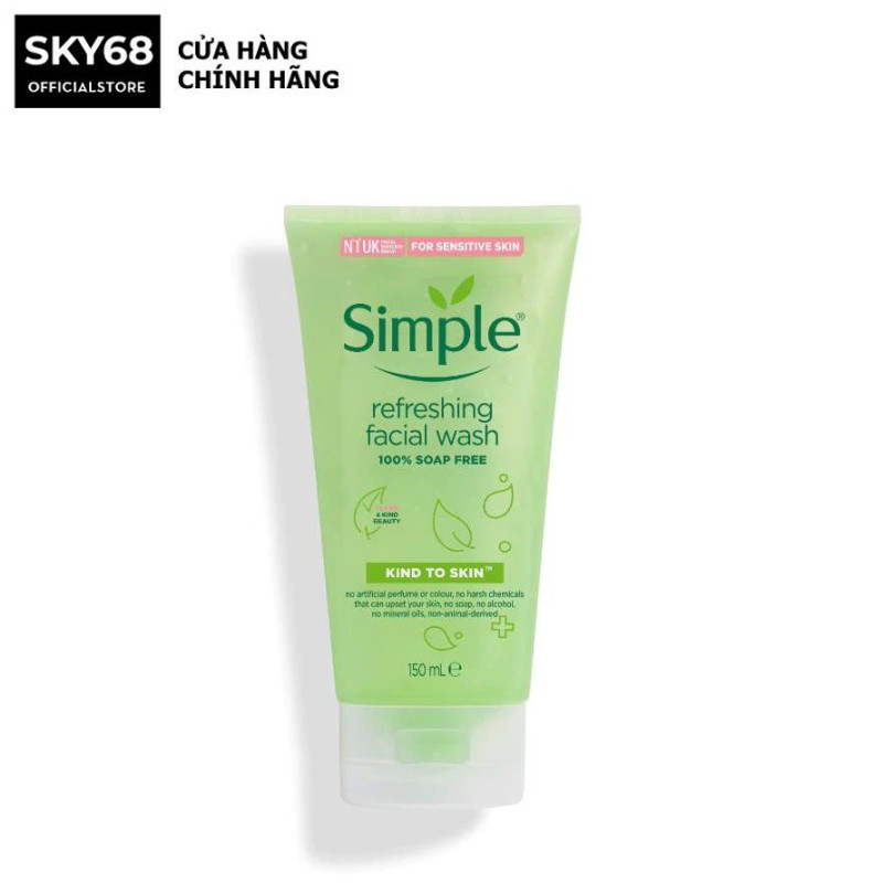 Gel Rửa Mặt Simple Dịu Nhẹ Cho Da Nhạy Cảm Kind To Skin Refreshing Facial Wash 150ml nhập khẩu