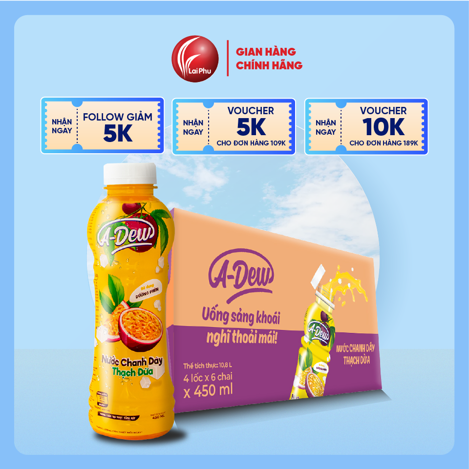 Nước Chanh Dây Thạch Dừa A-Dew Chai 450ml - Thùng 24 Chai