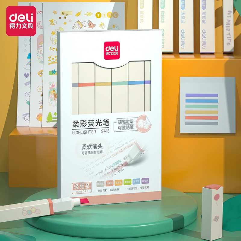 Bút highlight dạ quang nhấn dòng Deli - Hộp 6 chiếc - S743