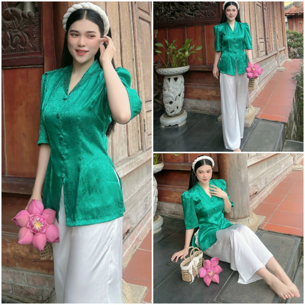 ÁO BÀ BA GẤM CỔ TIM TAY PHỒNG