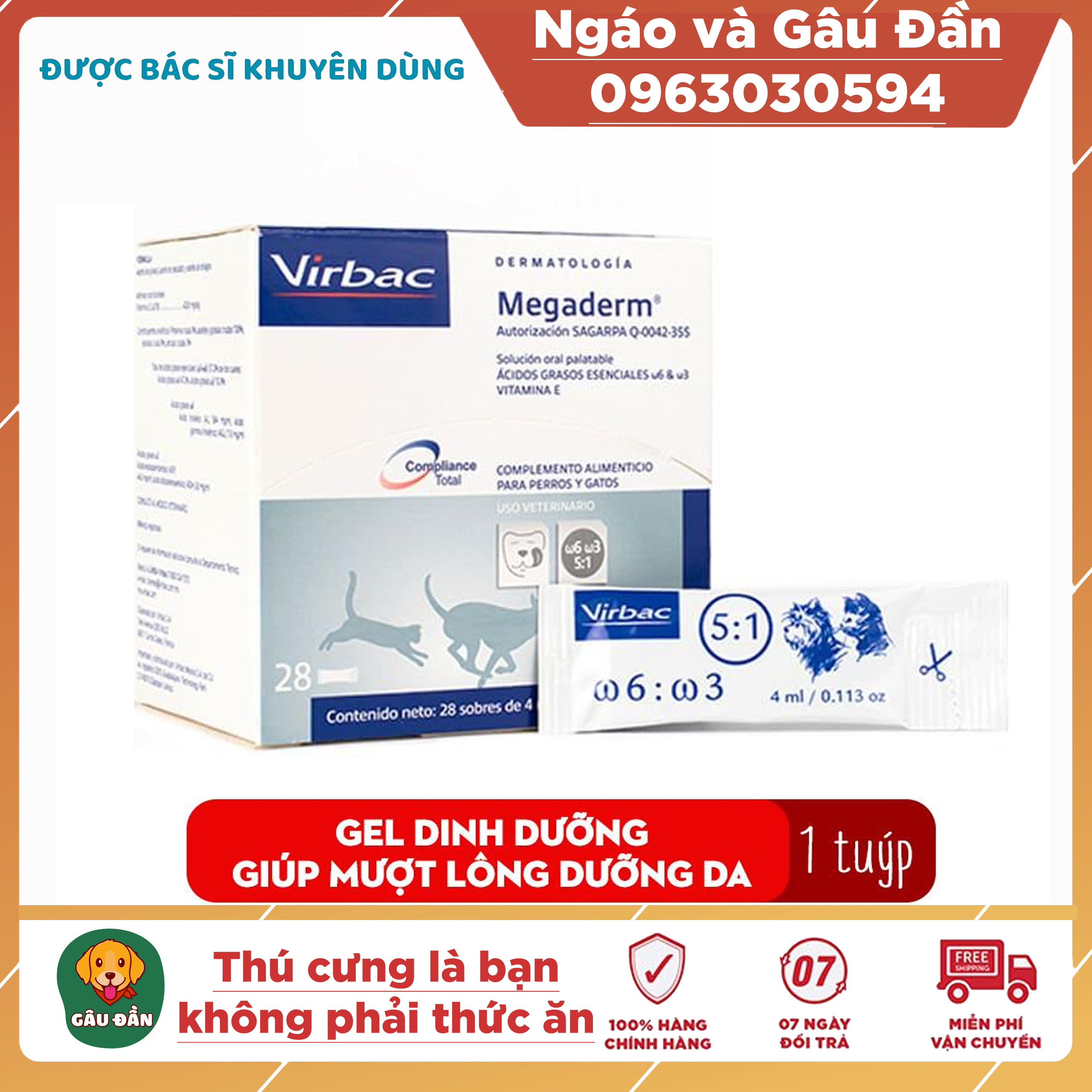 1 gói Gel dinh dưỡng giúp mượt lông cho chó mèo Virbac Megaderm 4ml