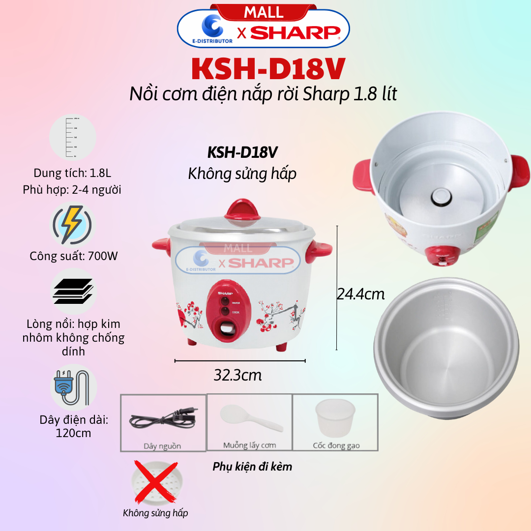 Nồi cơm điện nắp rời sharp ksh-d18v - ksh-d19v - ksh-d22v - ksh-d28v - hàng chính hãng - bảo hành 12 tháng