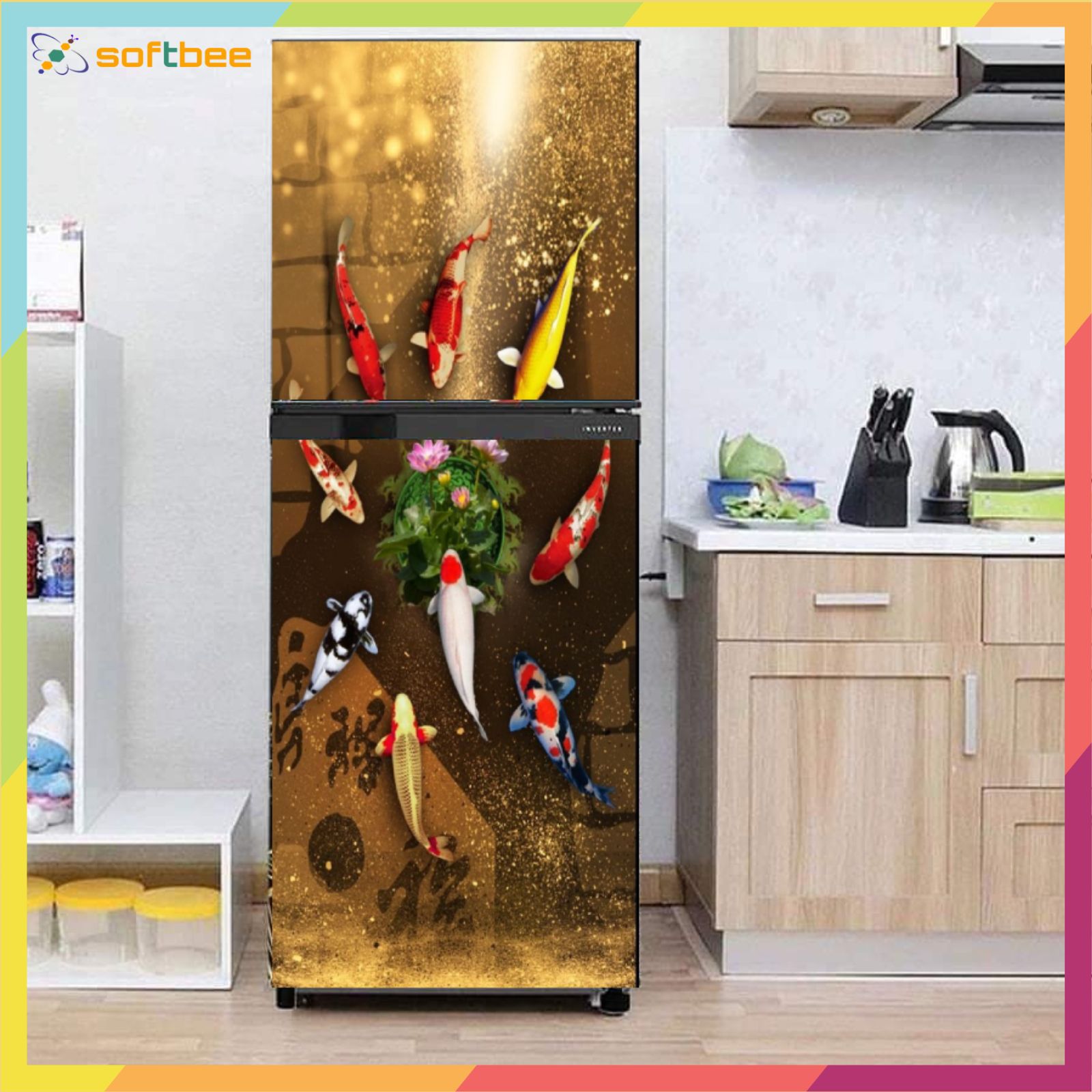 Decal dán tủ lạnh máy giặt có sẵn keo mặt sau, hình koi tròn, keo bám dính chắc chắn, hình ảnh in sắc nét