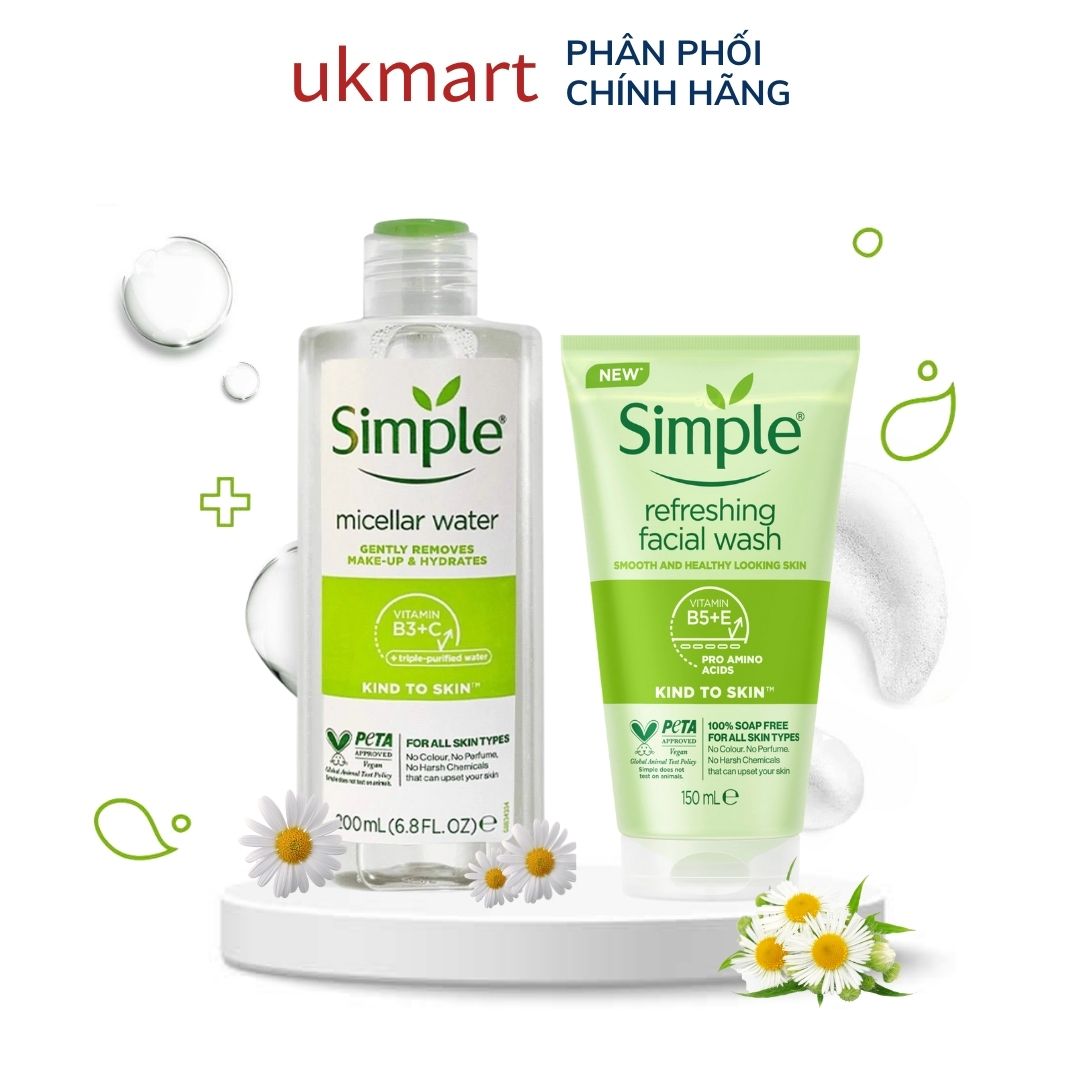 Combo Simple Làm Sạch Nước Tẩy Trang 200ml + Sữa Rửa Mặt 150ml Kind To Skin Micellar Cleansing Water 200ml + Refreshing Facial Wash Gel 150ml Làm Sạch & Cân Bằng Dịu Nhẹ Da Nhạy Cảm