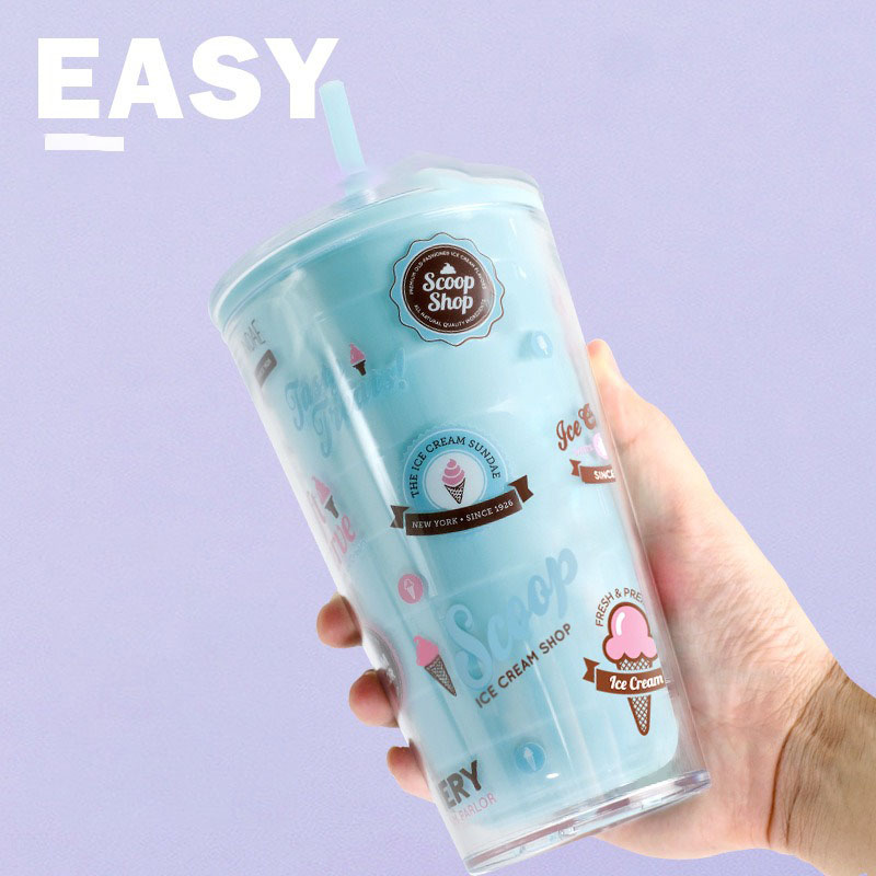 Ly uống nước 600ml kèm ống hút, cốc uống nước hai lớp bằng nhựa giữ nhiệt cao cấp cute dễ thương cỡ lớn