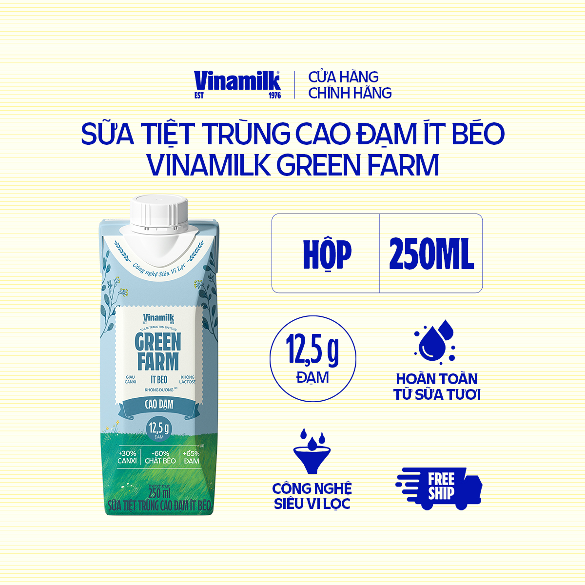 Sữa Tươi Tiệt Trùng Cao Đạm Ít Béo Vinamilk Green Farm - 6 Hộp 250ml