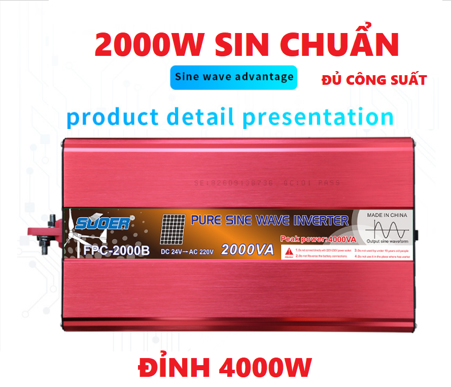 Bộ Kich điện Inverter sóng sin tinh khiết Suoer 2000w 220v 12v Suoer FPC-2000A với giao diện sạc USB - Đúng công suất
