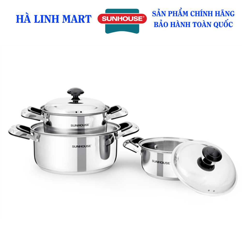Bộ nồi inox 3 đáy Sunhouse SH333, Bộ nồi inox Sunhouse, Bộ nồi bếp từ, Bộ nồi đáy từ, Bộ 3 nồi inox