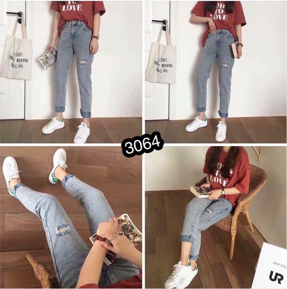 Quần Jeans Nữ Rách Gối Cao Cấp OHS3064