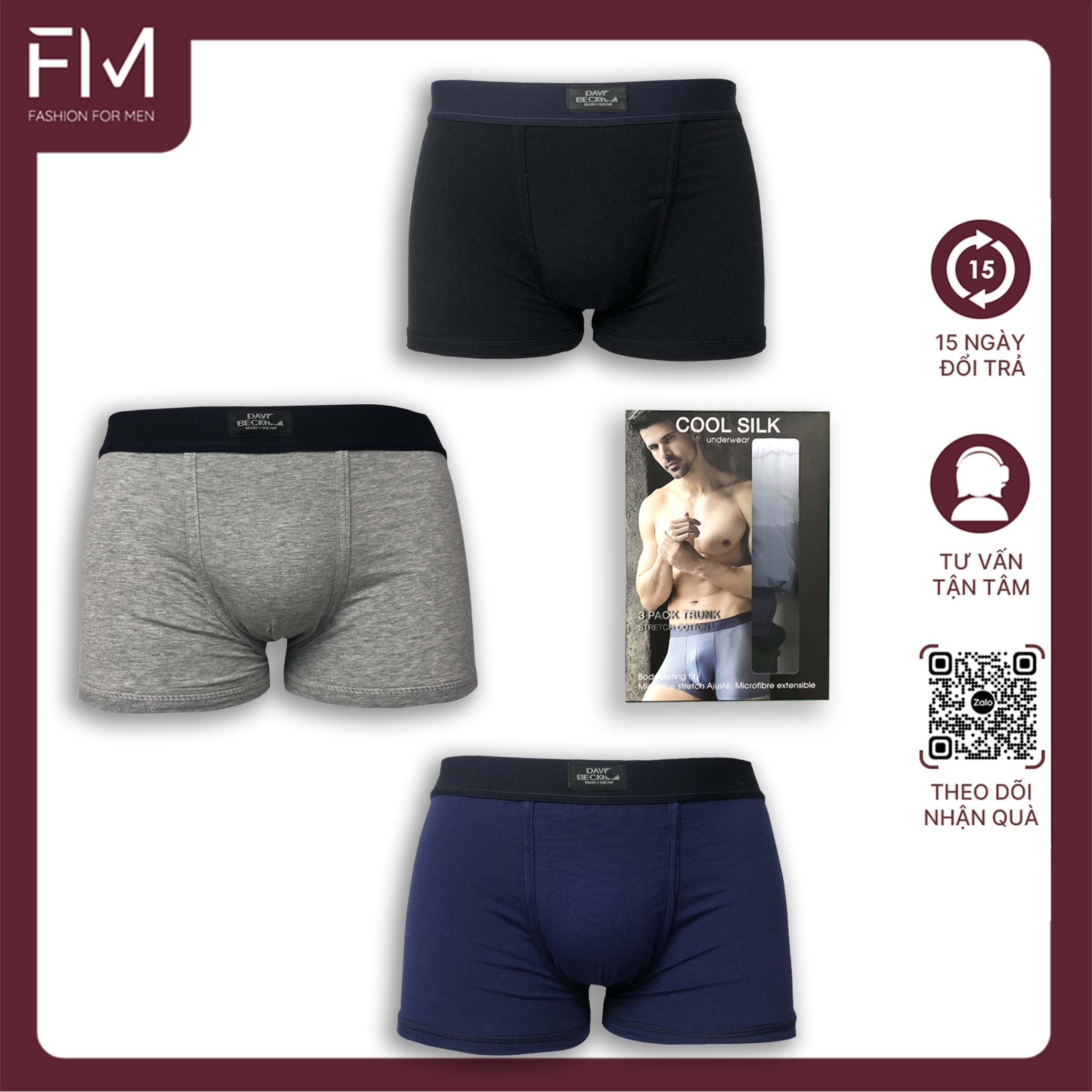 [OUTLET] Bộ 3 quần sịp nam boxer chất cotton kháng khuẩn, mặt vải mềm mịn, co giãn thoải mái– FORMEN SHOP – FMQS001