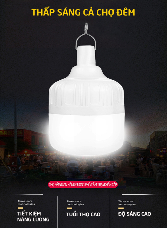 Bóng đèn LED sạc tích điện, đèn led sạc pin ánh sáng trắng, có móc treo kèm theo, bóng đèn gia dụng ánh sáng trắng, chống thấm nước, tiết kiệm năng lượng, công suất 20W HL146 catanshop