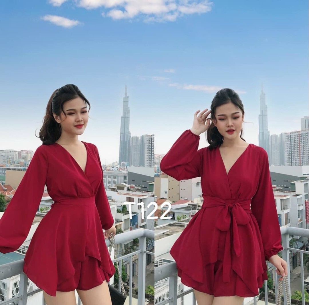Đầm xoè bèo cột nơ eo tay dài cổ v chất liệu umi lụa T122