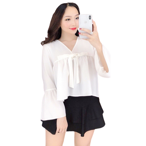 [HCM]Áo Kiểu Nữ Tay Dài Xòe Cổ Thắt Nơ Thời Trang Xuân Hè Phù Hợp Đi Chơi Đi Làm Av48