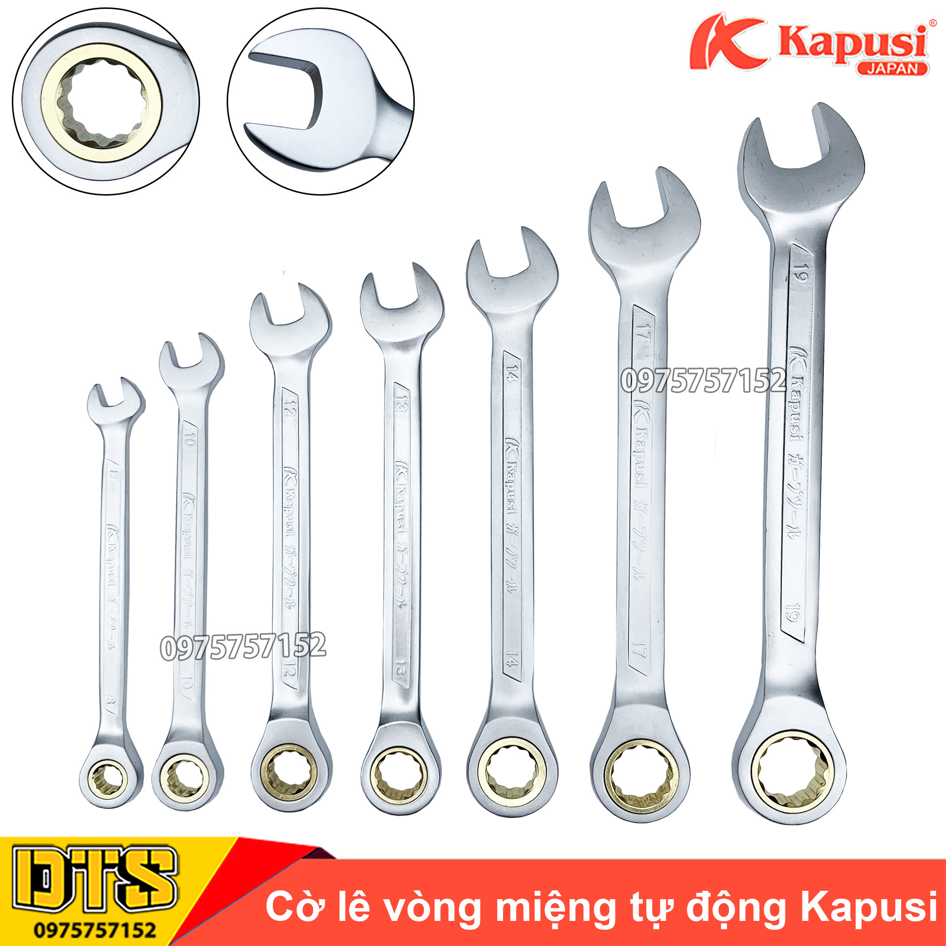 Cờ lê vòng miệng tự động Kapusi Japan nhiều size, thép CR-V chịu lực cao 50BV30, đầu tròng xoay bánh cóc 72 răng - Cờ lê tự động 360 độ, cờ lê bánh cóc, cờ lê tròng xoay