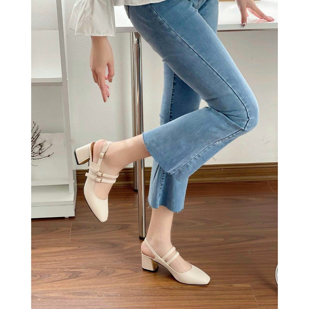 Cao gót 5 phân, sandal nữ dép nữ 2 dây gót phối bạc cao cấp