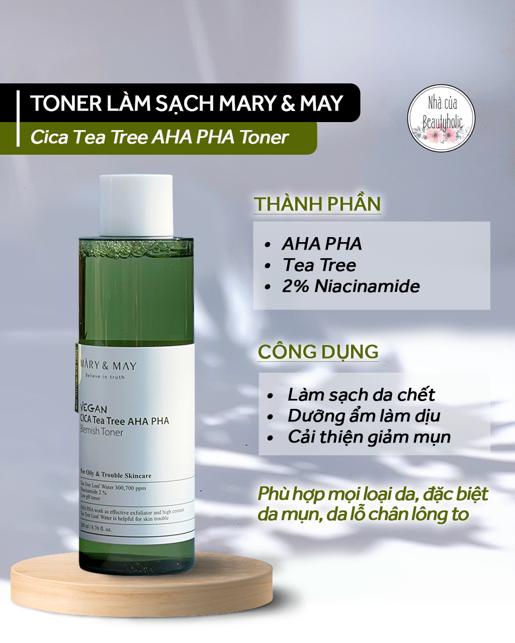 Toner làm sạch giảm mụn mary & may vegan cica tea tree aha pha toner