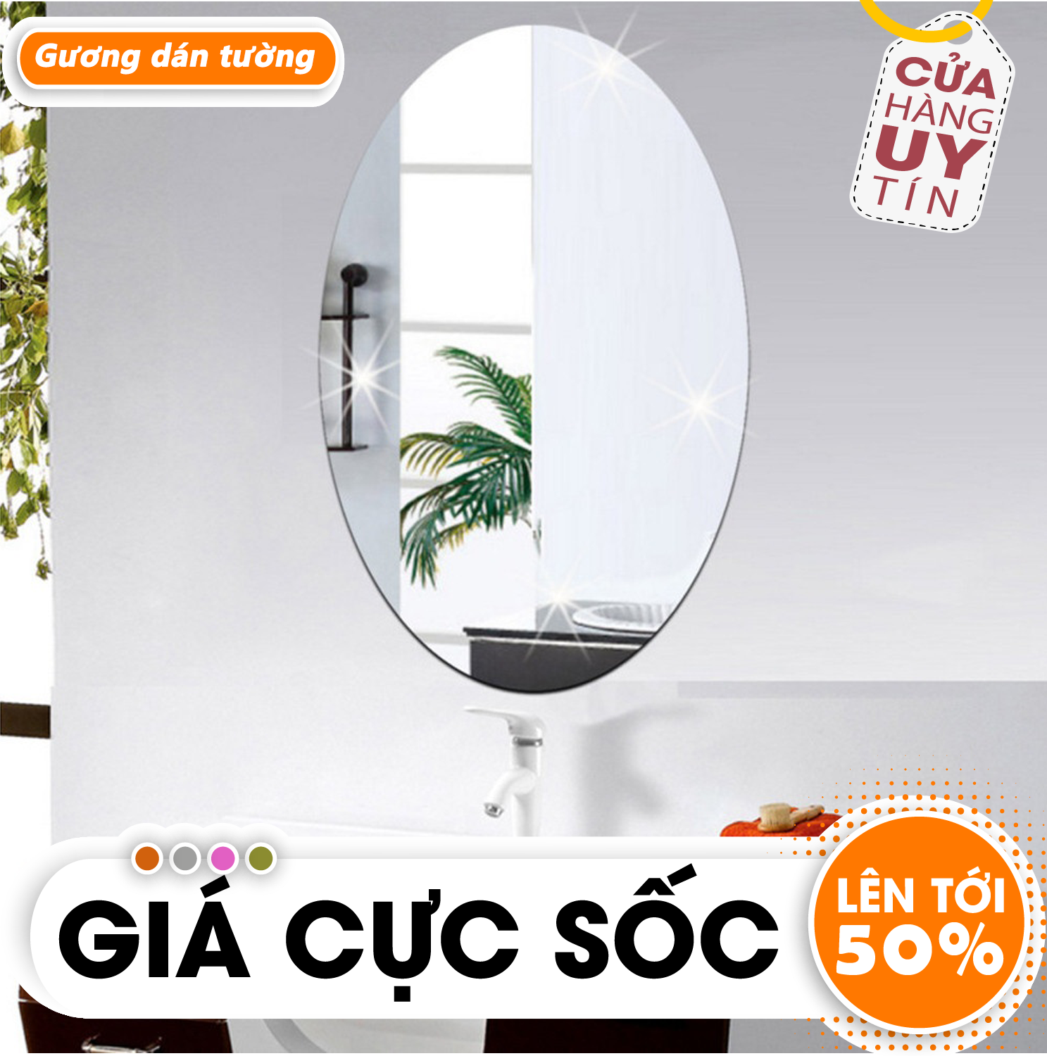 Gương dán tường, gương dán tường hình bầu dục, kích thước 42x27cm. gương nhà tắm