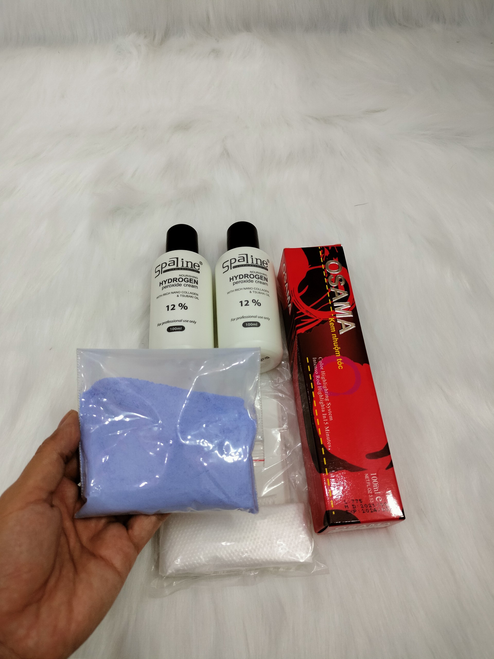 Combo nhuộm Osama, 2 oxy, bột tẩy, bao tay, HDSD